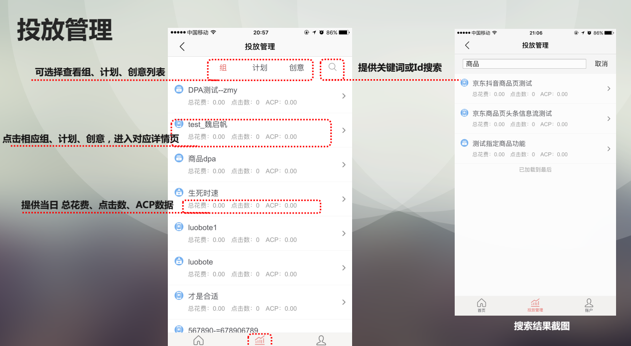 快手APP投放管理，可選擇查看組、計劃、創意列表，點擊相應組、計劃、創意、進入對應詳情頁，提供當日總花費、點擊數、ACP數據