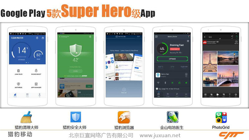 獵豹5款應用APP：獵豹清理大師、獵豹安全大師、獵豹瀏覽器、金山電池醫生、photo grid
