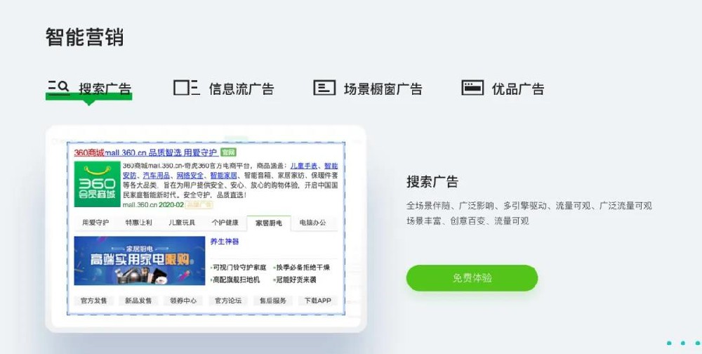 新版360智慧商業服務平臺官網，對三大版塊業務信息進行了全面補充與重新梳理，向廣大用戶完整展示360智慧商業的全新業務布局， 智能營銷