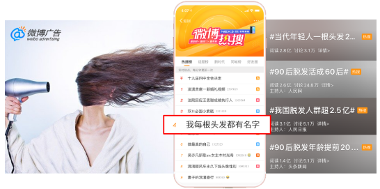 當(dāng)一個(gè)用戶打開微博廣告后，發(fā)現(xiàn)微博信息流廣告里赫然出現(xiàn)一則關(guān)于“植發(fā)”的廣告