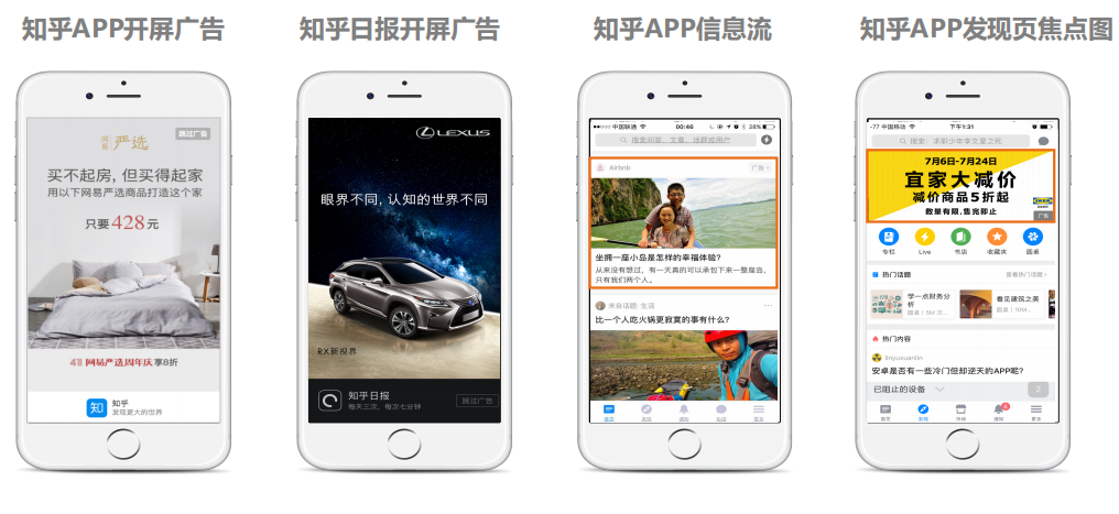 在知乎APP有開屏廣告、知乎信息流廣告以及知乎APP發現頁banner廣告；