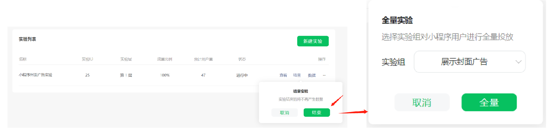 若已有實驗結論和數據，已可支撐決策，則可以通過【結束】實驗來釋放流量。