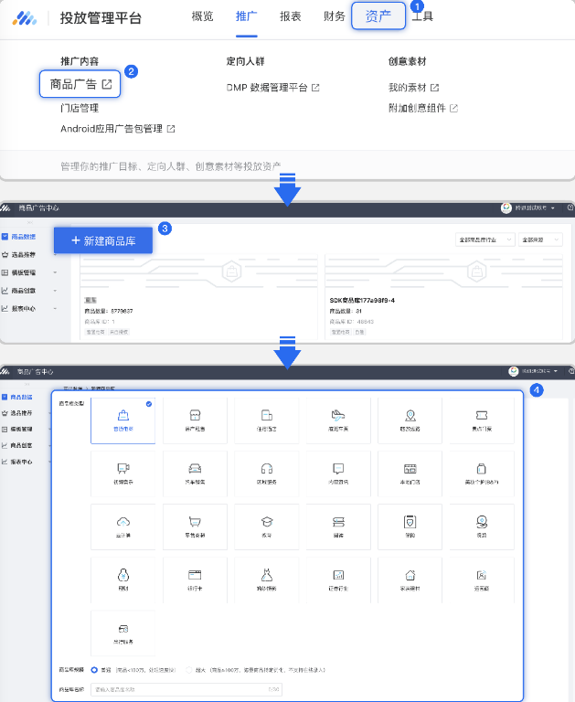 點擊新建商品庫 -> 選擇商品庫類型 ->選擇商品庫規模 -> 填寫商品庫名稱 ->確認