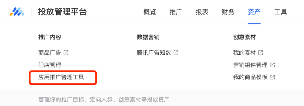 騰訊廣告投放管理平臺：導航欄-資產-應用推廣管理工具，點擊進入。