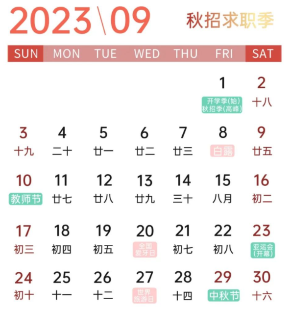 時至9月，新生開學季、教師節、亞運會等節點扎堆到來。早在7月份招聘求職需求便開始飆升，到了9月達流量峰值，各大在線招聘平臺自然也是營銷招式齊出。