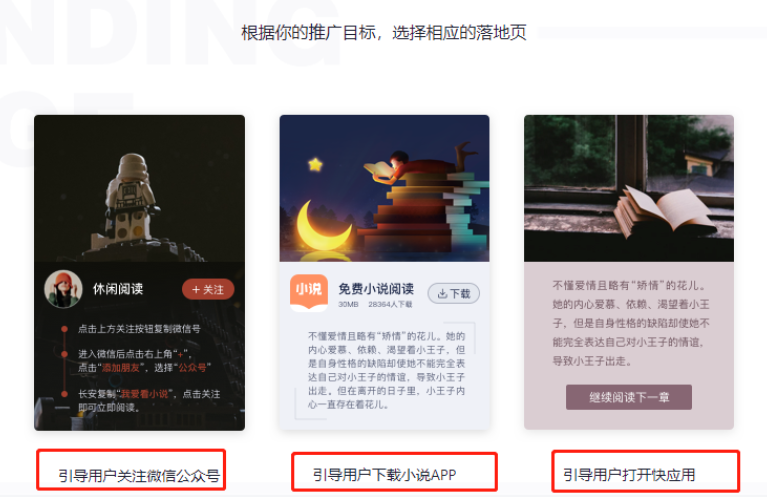根據(jù)您的推廣目標(biāo)，選擇相應(yīng)的落地頁