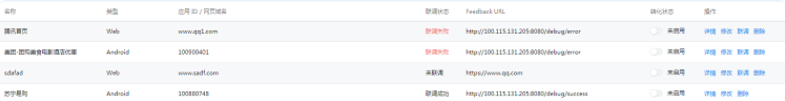 修改：若您需要對已有配置進行修改，可點擊修改按鈕。目前僅支持修改Feedback URL和配置字段，一旦配置修改提交成功，聯調狀態默認為未聯調；轉化狀態為未開啟。您需要重新進行聯調和開啟轉化狀態。