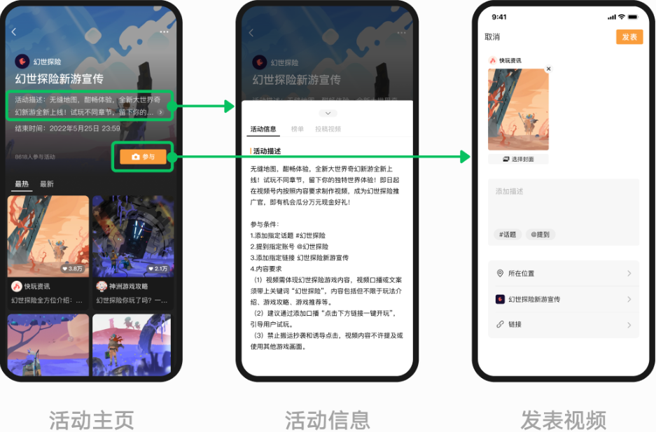 點擊活動描述，可查看任務參與條件和要求。創作者需仔細查看任務描述和參與條件，如話題要求、@ 要求、口播要求、內容要求等。根據要求完成視頻制作后，點擊“參與”按鈕，即可上傳投稿視頻。