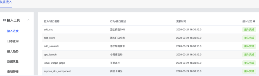 騰訊有數(shù)<數(shù)據(jù)接入>-<接入工具>-<接入進(jìn)度>所有接口顯示“接入完成”，表明進(jìn)入預(yù)上線階段，可查看正式token進(jìn)行正式環(huán)境上報(bào)。