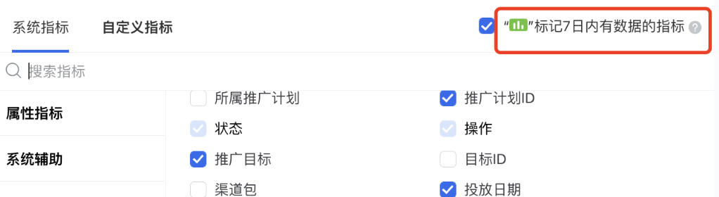 自定義指標中可查看帶有如下標志的指標，為7日內有數據的指標。