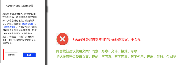 隱私政策彈窗按鈕使用非明確拒絕文案，不合規