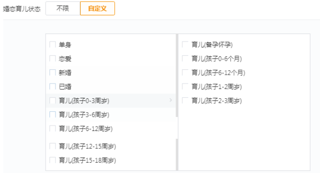 投放上支持4種婚戀情況，彼此互斥；并支持育兒及其細分標簽，其中育兒狀態與單身、戀愛互斥。
