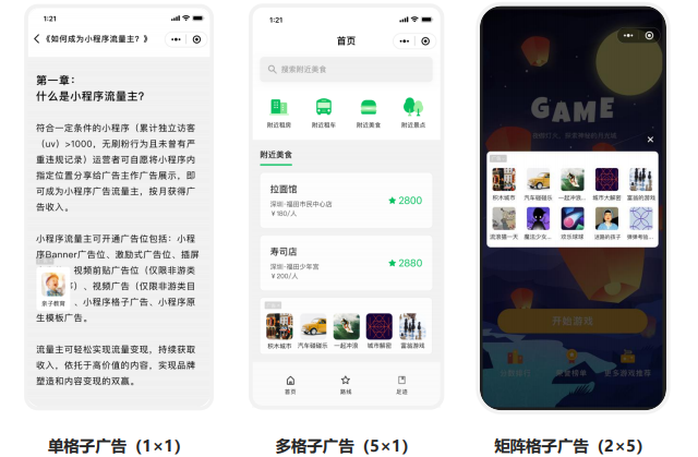 這是由小程序流量主決定廣告展示位置，有單格子廣告、多格子廣告與矩陣格子廣告。