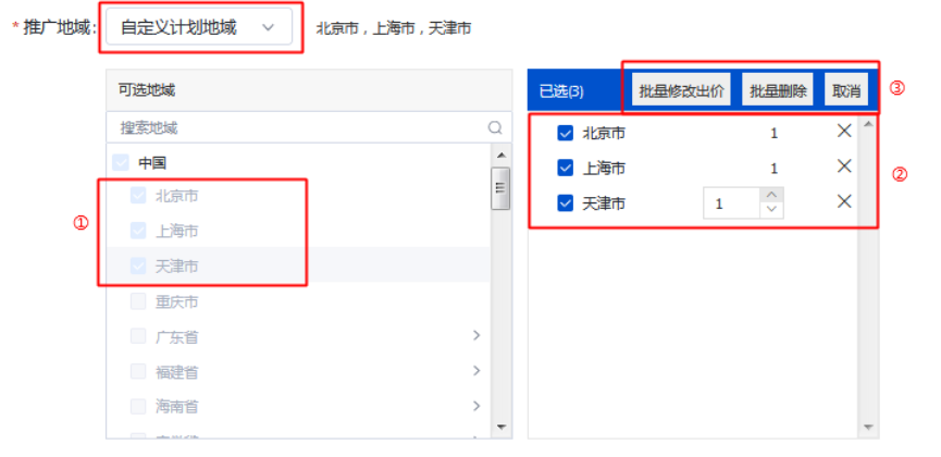 自定義計劃地域：為該計劃自定義投放地域。