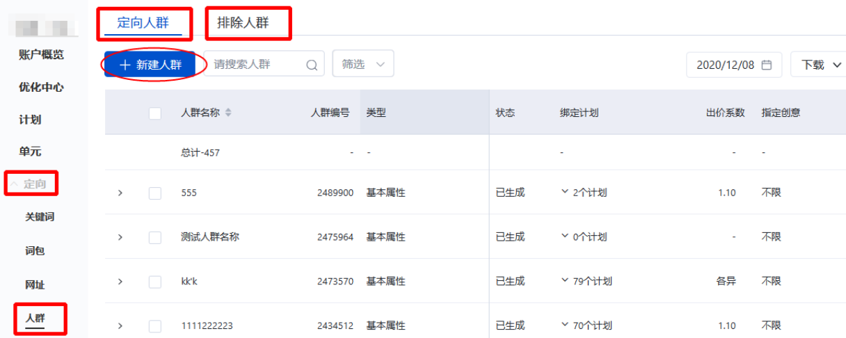 可通過【定向人群】和【排除人群】進行人群創建