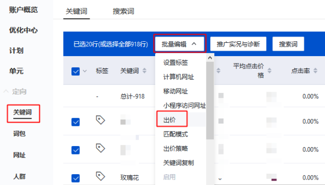 批量修改關鍵詞出價