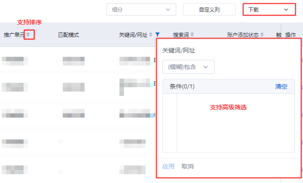 表格區域支持篩選、排序及數據下載