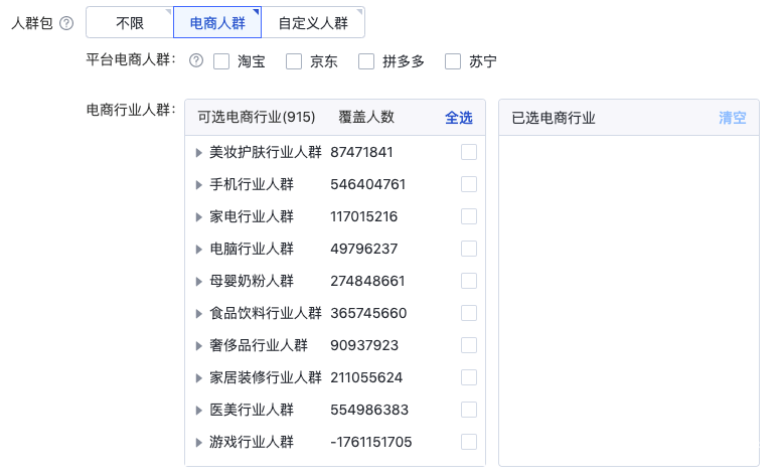 當您的營銷目標為電商店鋪時，系統為您提供獨有的電商人群