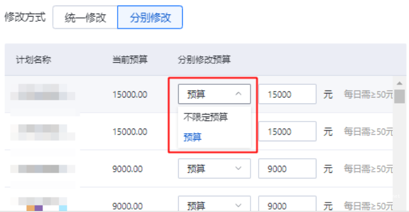 系統也支持分別修改您所選中的計劃預算
