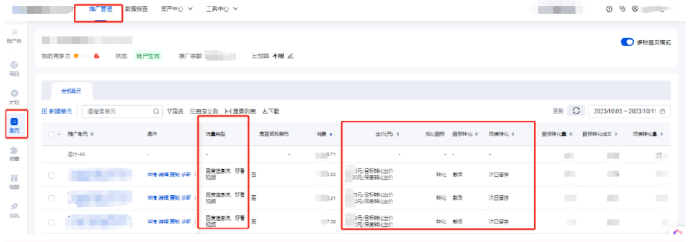 推廣管理-單元-出價&目標轉化&深度轉化&流量類型