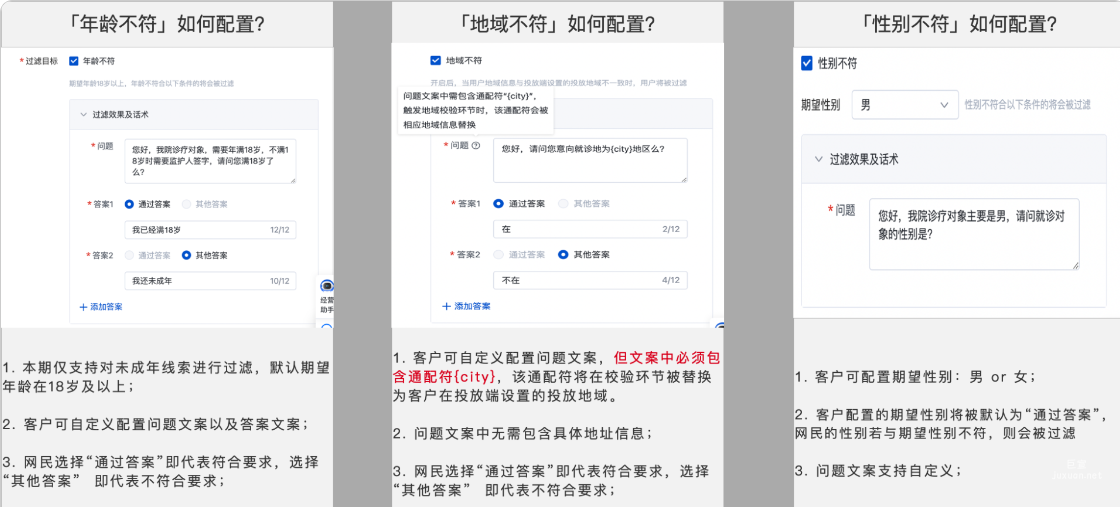 根據(jù)自身需求，設(shè)置無(wú)效過(guò)濾目標(biāo)「年齡不符」、「地域不符」、「性別不符」，支持多選