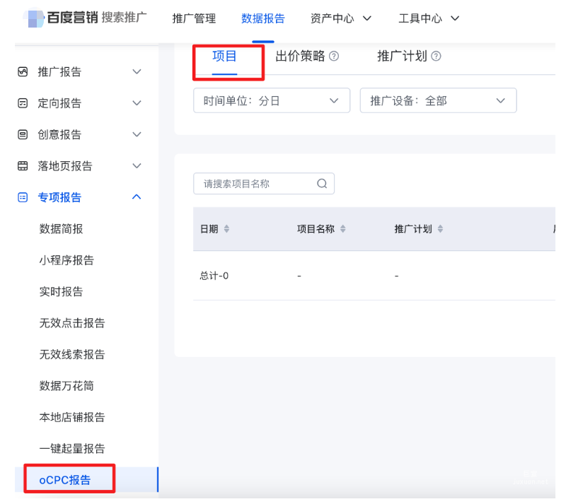數(shù)據(jù)報告->專項報告->oCPC報告->項目