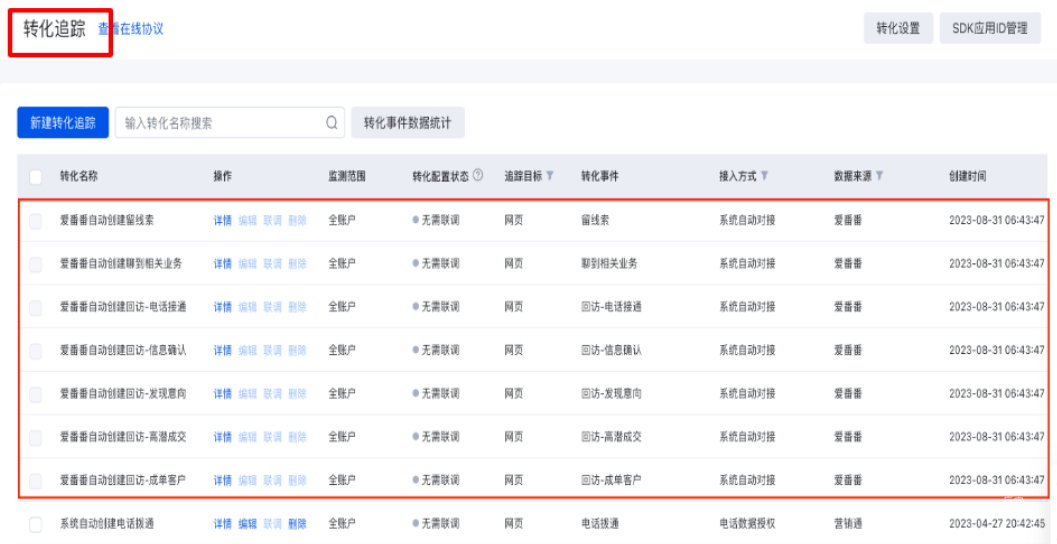 如果您仍在使用“轉化追蹤”：您可以在轉化追蹤列表頁，查看接入方式為“愛番番”的轉化追蹤記錄，如下圖所示：