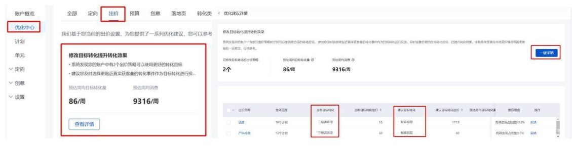 推廣管理-優(yōu)化中心-出價類-修改目標(biāo)轉(zhuǎn)化提升轉(zhuǎn)化效果