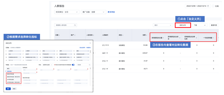 點擊「自定義列」，根據需求選擇轉化指標