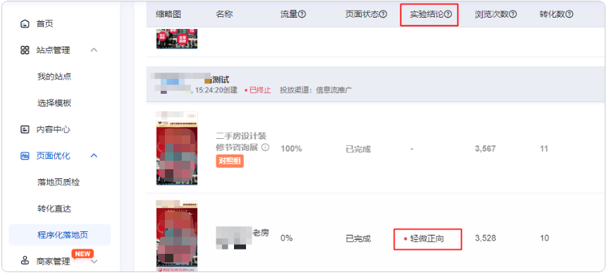 開始投放后可在程序化落地頁TAB進行數據報告的查看，待數據積累足夠后會提示正向or負向等結論