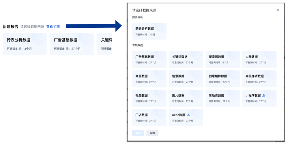 可根據需求選擇數據來源后創建報告，不同數據來源對應的可查詢維度、指標以及查詢時長有所差別
