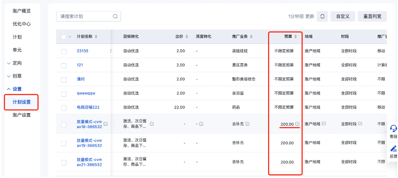 計劃設置-“預算”列-預算修改
