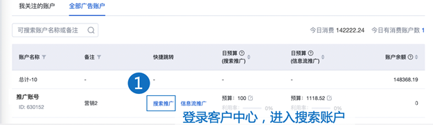 登錄客戶中心賬號，從多個賬戶中選擇需要復制創意組的賬戶，點擊“搜索推廣”進入該賬戶