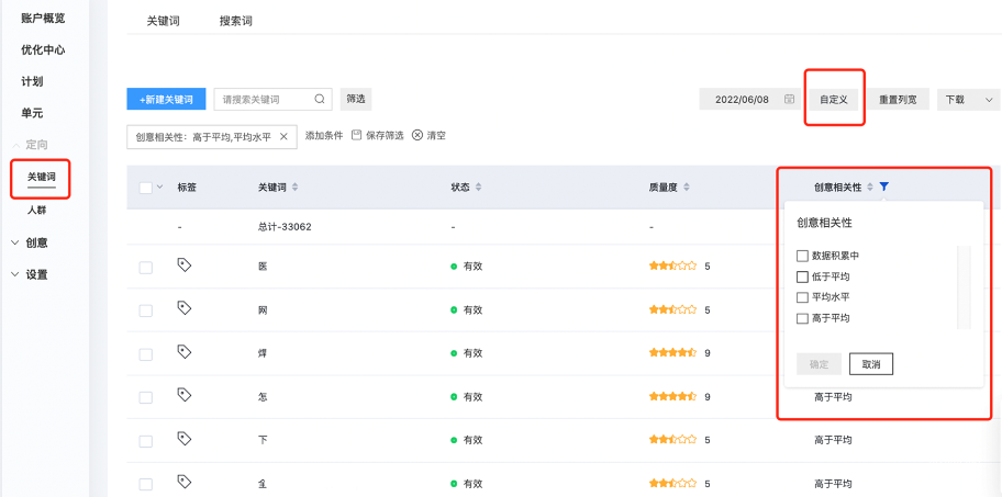 在推廣管理界面的關(guān)鍵詞列表中，可以添加“創(chuàng)意相關(guān)性”評(píng)分列進(jìn)行自定義展示，這樣可以高效地篩選不同評(píng)分的關(guān)鍵詞進(jìn)行查看和優(yōu)化