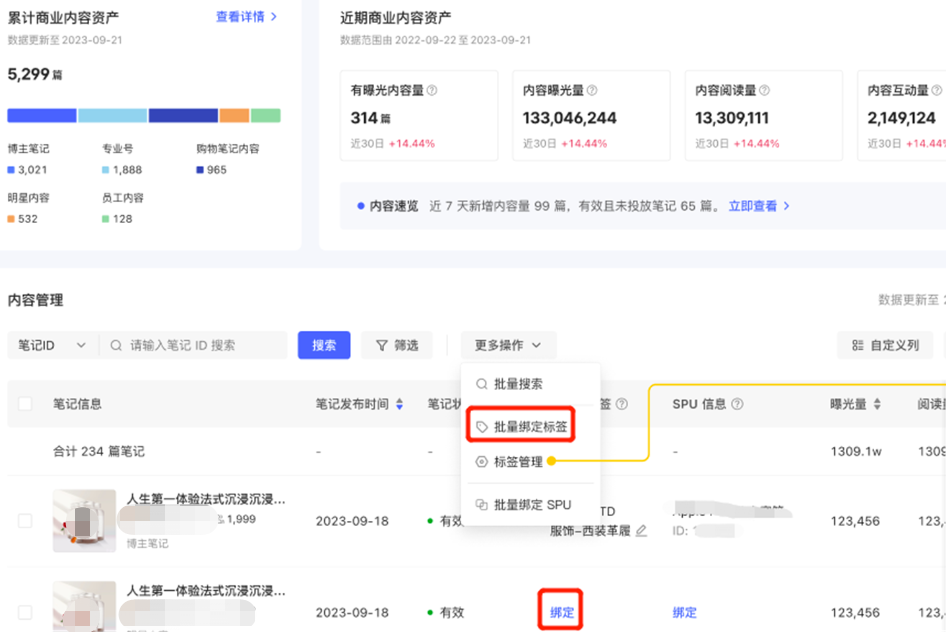 小紅書廣告單篇筆記綁定標簽及批量綁定標簽入口示意