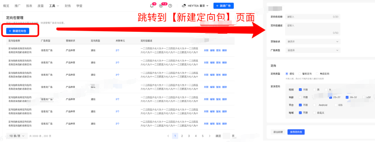 小紅書廣告新建定向包頁面